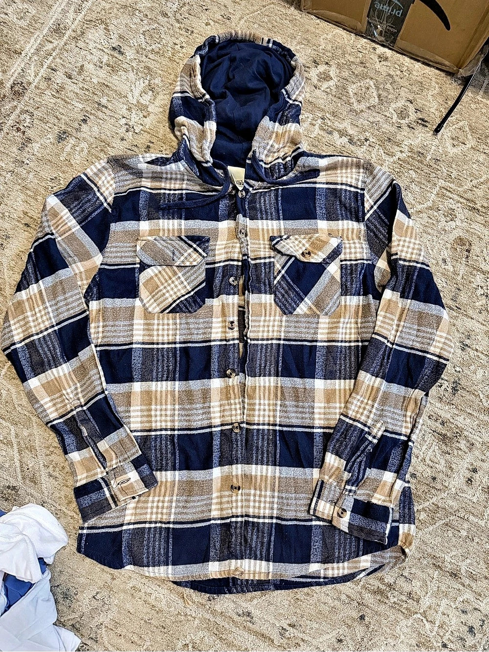 Open Trails Men's Plaid Hooded Shirt in Blue & White Like New